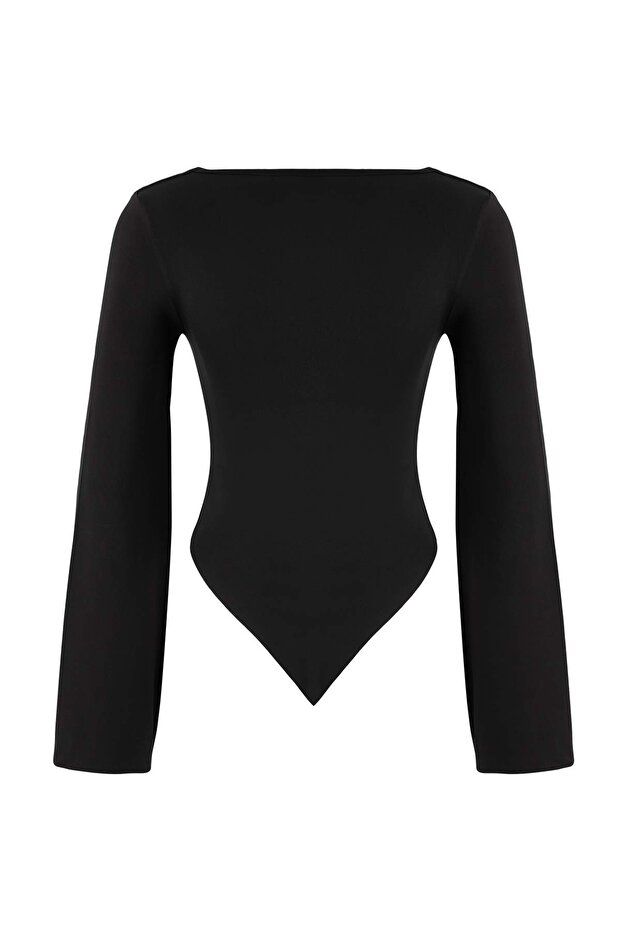 Siyah Degaje Yaka Asimetrik Fitted/Vücuda Oturan Örme Bluz TWOAW26BZ00283 - 7