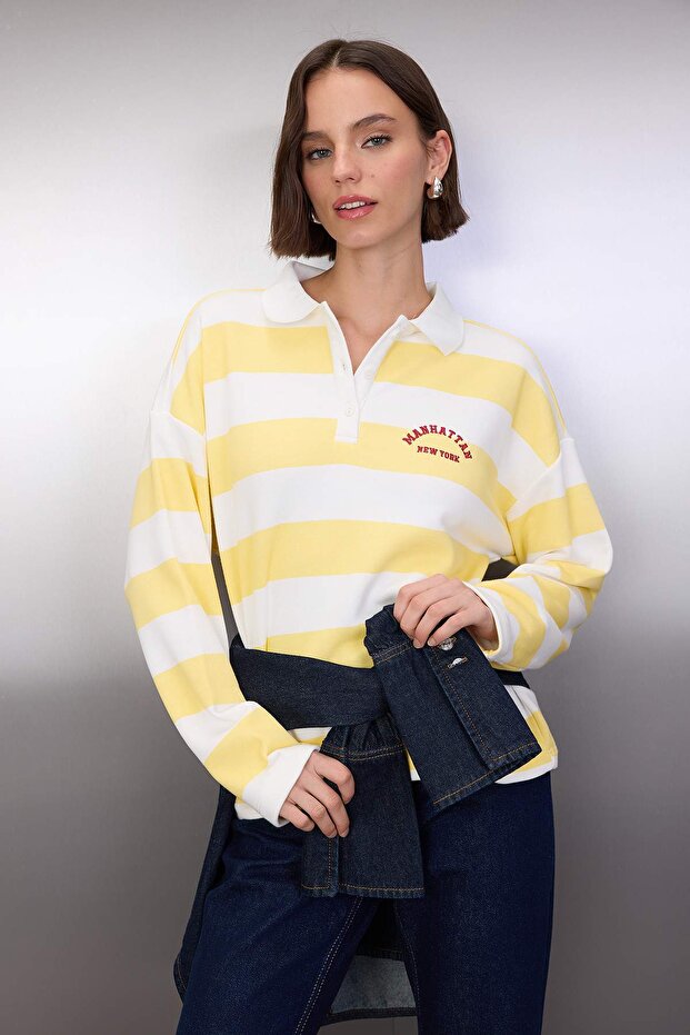 Açık Sarı Kalın Şardonsuz Polo Yaka Çizgili Nakışlı Örme Sweatshirt TWOAW26SW00062 - 1