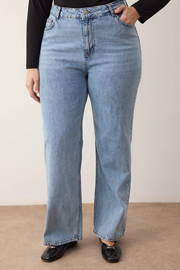 Açık Mavi Yüksek Bel Geniş Paça Büyük Beden Wide Leg Jeans TBBAW26CJ00001 - 3