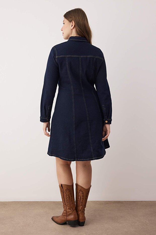 Mavi A-Line Esnek Denim Büyük Beden Elbise TBBAW26AH00056 - 4