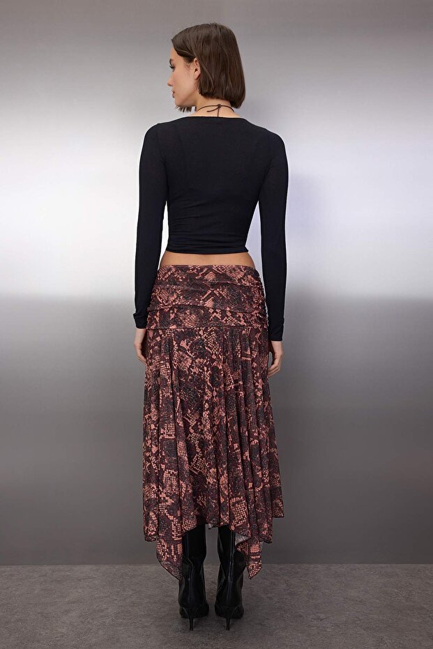 Bordo Boho Baskılı Skater Asimetrik Etek Ucu Detaylı Esnek Örme Etek TWOAW26ET00037 - 4