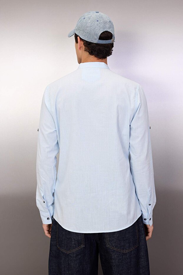 Mavi Basic Hakim Yaka Apoletli Slim Fit Uzun Kollu Keten Görünümlü Gömlek TMNSS20GO0188 - 4