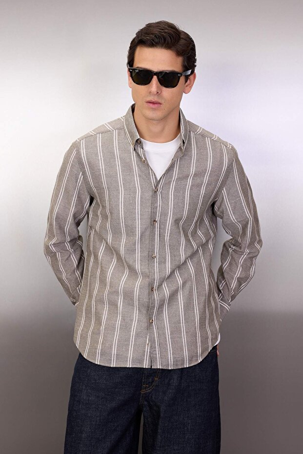 Haki Slim Fit Düğmeli Yaka İnce Çizgili Gömlek TMNSS20GO0092 - 2