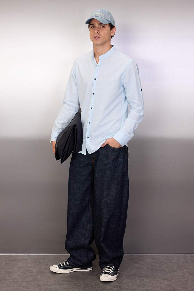 Mavi Basic Hakim Yaka Apoletli Slim Fit Uzun Kollu Keten Görünümlü Gömlek TMNSS20GO0188 - 1