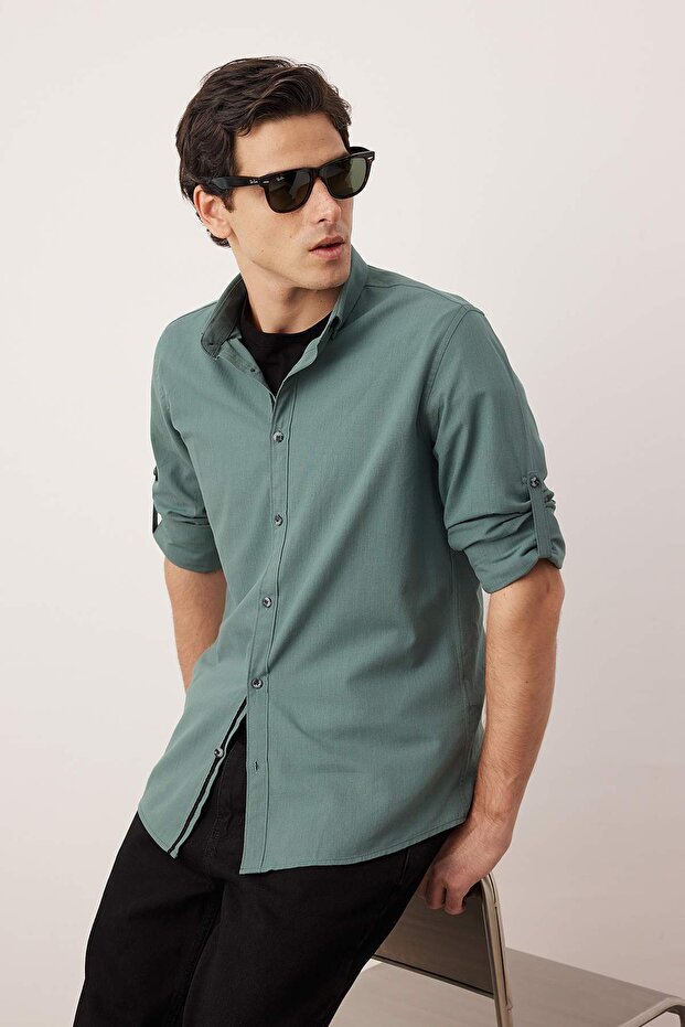 Koyu Yeşil Düğmeli Yaka Apoletli Slim Fit Uzun Kol %100 Pamuklu Keten Görünümlü Gömlek TMNSS20GO0189 - 2