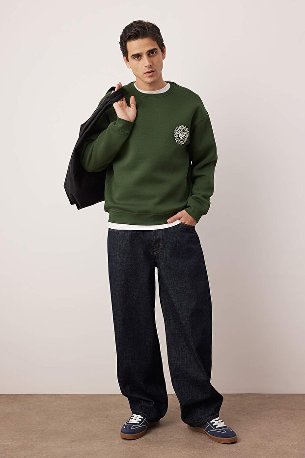 Haki Oversize/Geniş Kesim Çiçek Nakışlı İçi Polarlı Pamuklu Sweatshirt TMNAW24SW00012 - 2