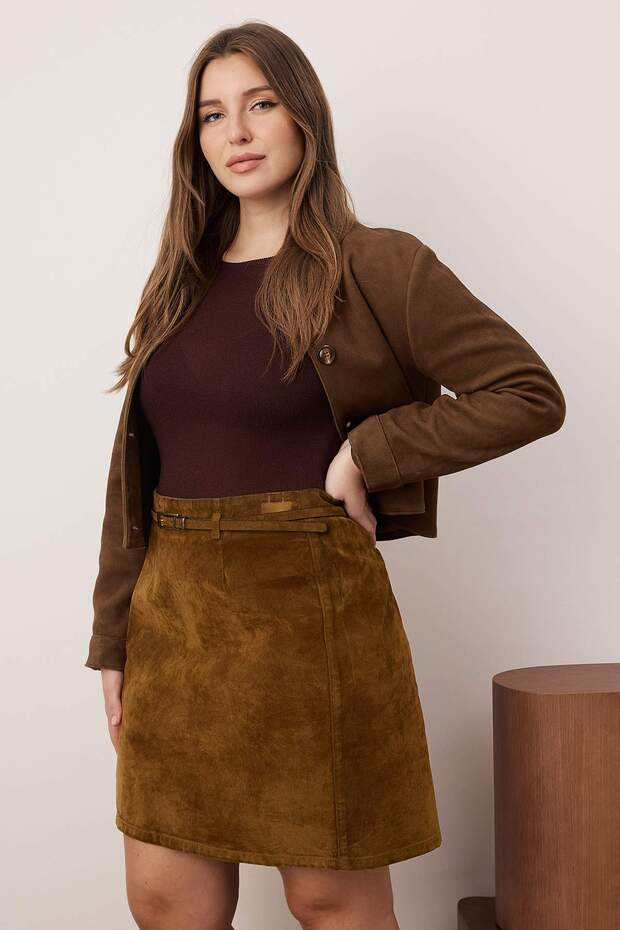 Camel Süet Görünümlü Büyük Beden Denim Etek TBBAW26AZ00035 - 2