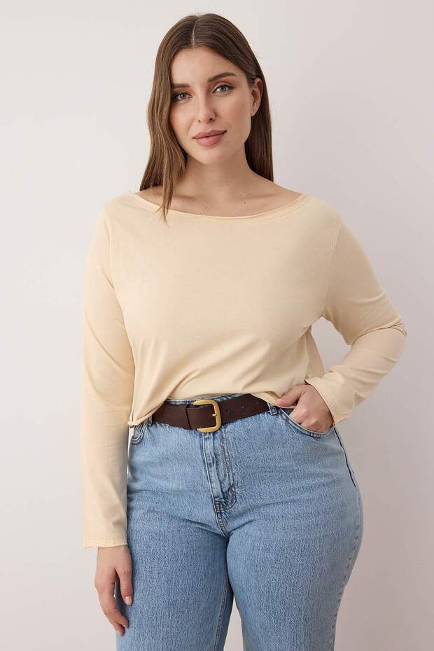 Kahverengi-Bej 2'li Paket %100 Pamuk Asimetrik Kayık Yaka Crop Örme T-Shirt TBBAW26BF00001 - 2