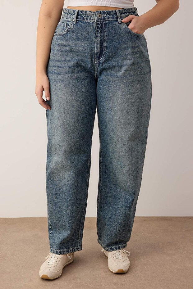 Mavi Yüksek Bel Barrel Baggy %100 Pamuk Non-Stretch Büyük Beden Jeans TBBAW26CJ00043 - 3
