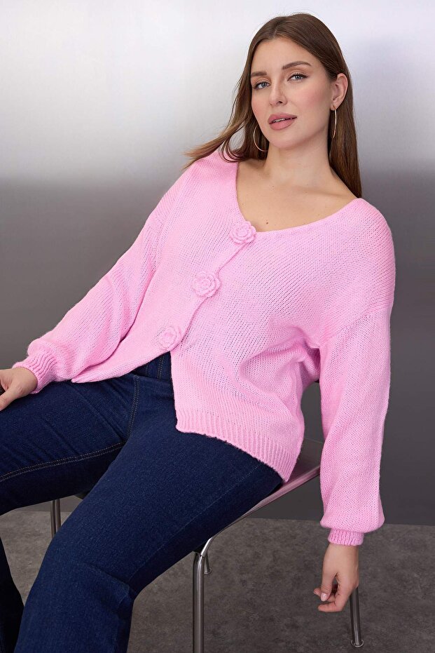Pembe Çiçek Detaylı Triko Hırka TBBAW26AV00020 - 1