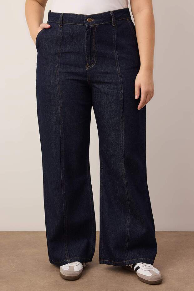 Koyu Mavi Dikiş Detaylı Yüksek Bel Büyük Beden Wide Leg Jeans TBBAW26CJ00054 - 3