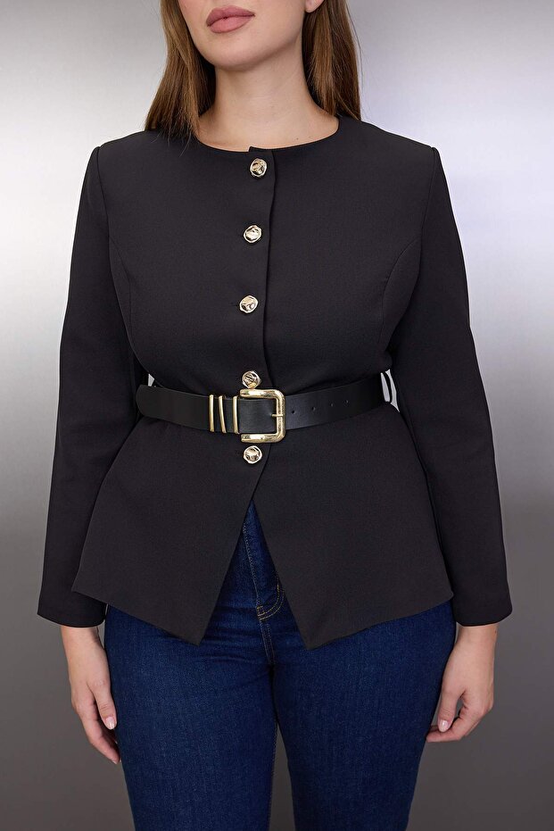 Czarna kurtka w dużym rozmiarze z paskiem i złotymi guzikami TBBAW26AG00030 - 3