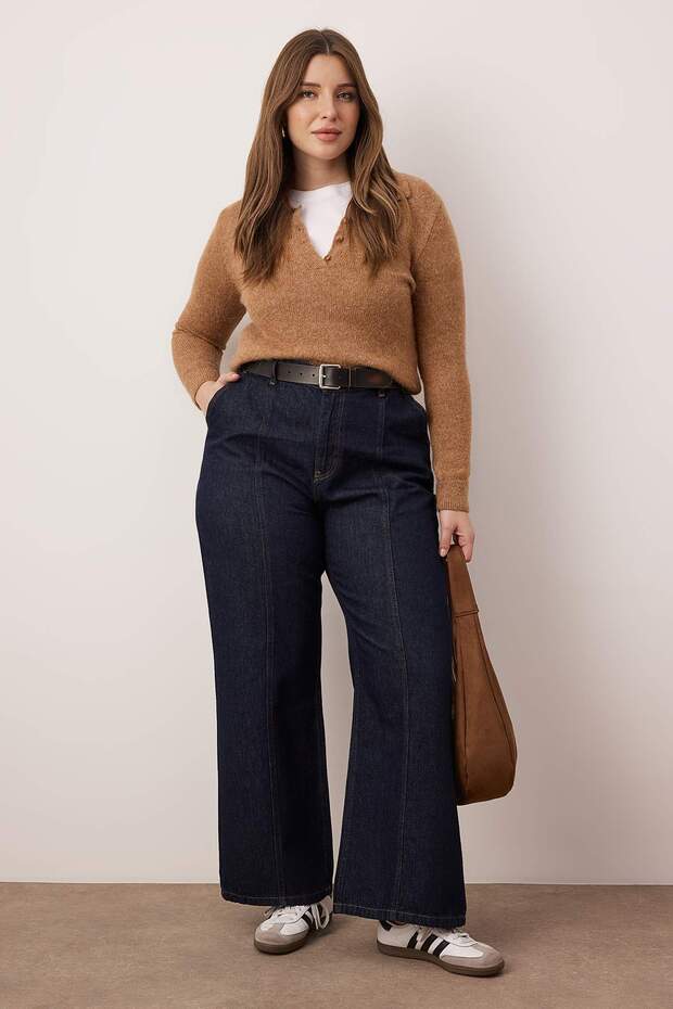 Koyu Mavi Dikiş Detaylı Yüksek Bel Büyük Beden Wide Leg Jeans TBBAW26CJ00054 - 1