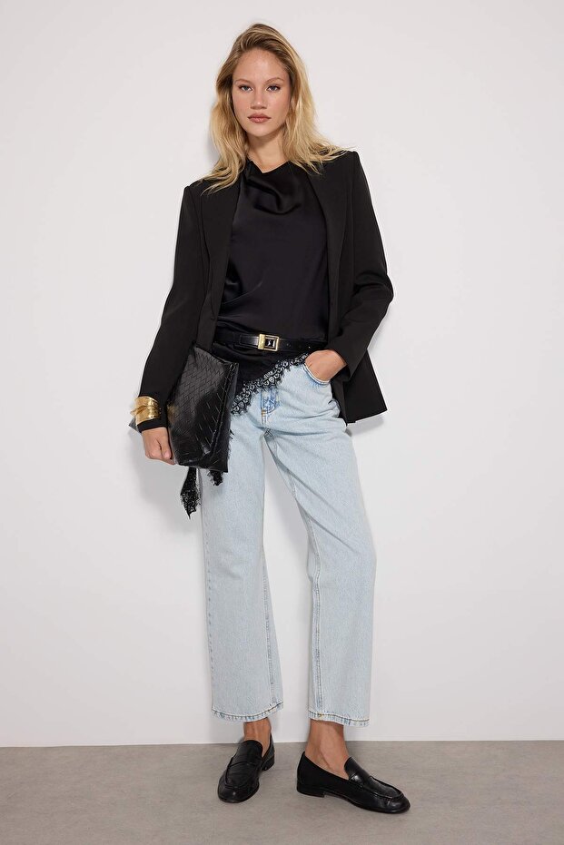 Açık Mavi Yüksek Bel Düz Kesim Straight %100 Pamuk Non-Stretch Jeans TWOSS23JE00089 - 2