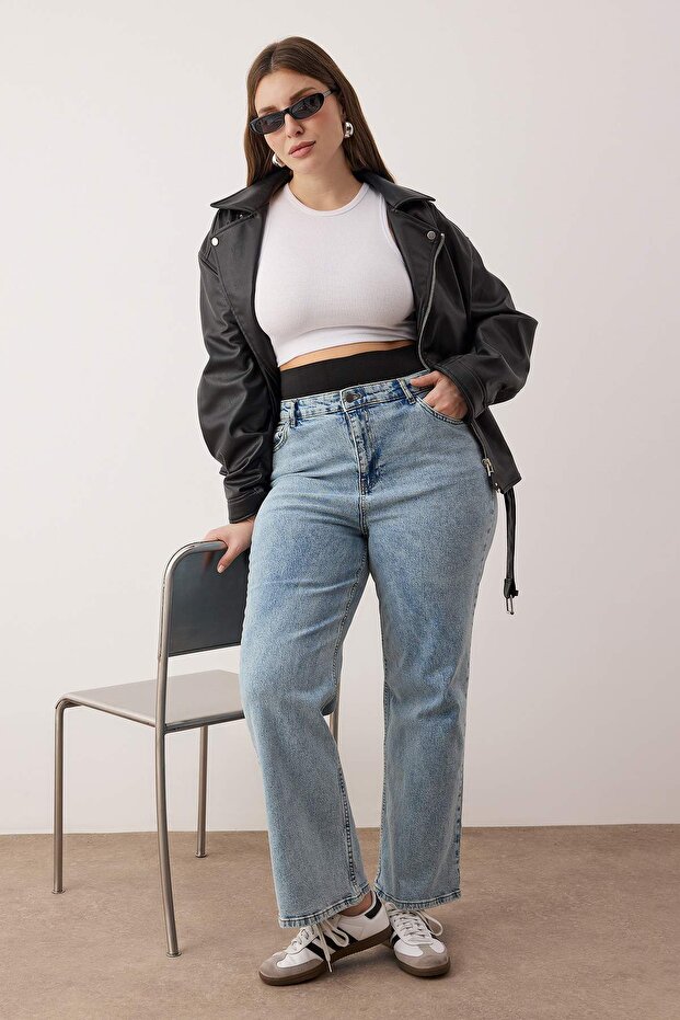 Mavi Yüksek Bel Beli Lastikli Geni Paça Büyük Beden Wide Leg Jeans TBBAW26CJ00029 - 2