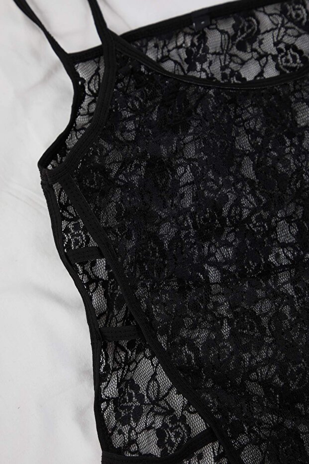 Siyah Dantel Yanları Biyeli Kapsız Babydoll/Fantezi Gecelik THMAW26LL00012 - 7