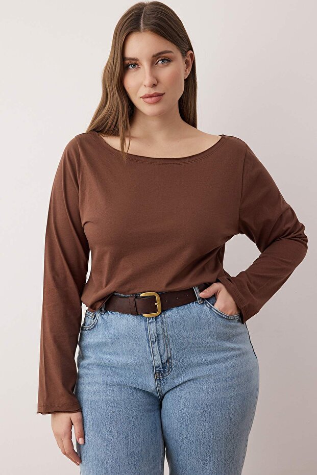 Kahverengi-Bej 2'li Paket %100 Pamuk Asimetrik Kayık Yaka Crop Örme T-Shirt TBBAW26BF00001 - 5