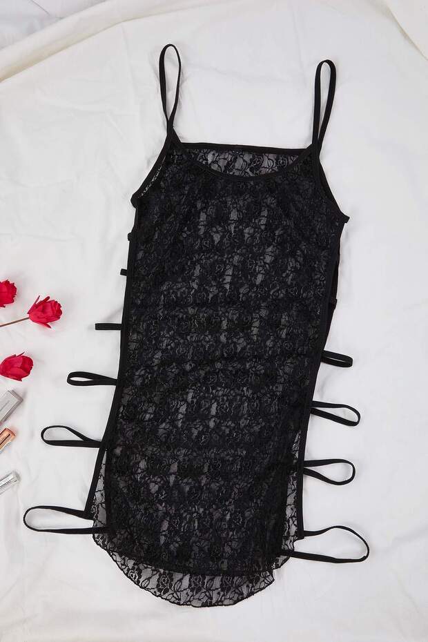 Siyah Dantel Yanları Biyeli Kapsız Babydoll/Fantezi Gecelik THMAW26LL00012 - 5