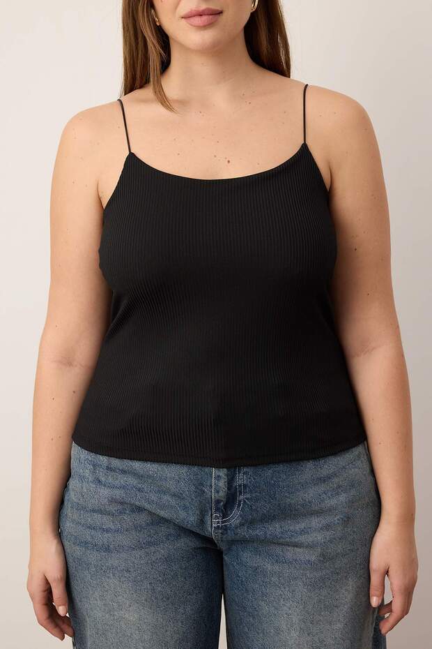 Siyah Spagetti Askılı Crop Fitilli Örme Büyük Beden Bluz TBBSS23AF00013 - 3
