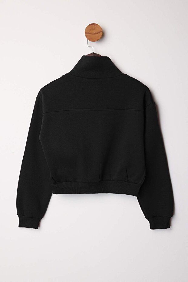Siyah Kalın İçi Polarlı Dik Yaka Yarım Pat Fermuarı Crop Örme Sweatshirt TWOAW26SW00233 - 7
