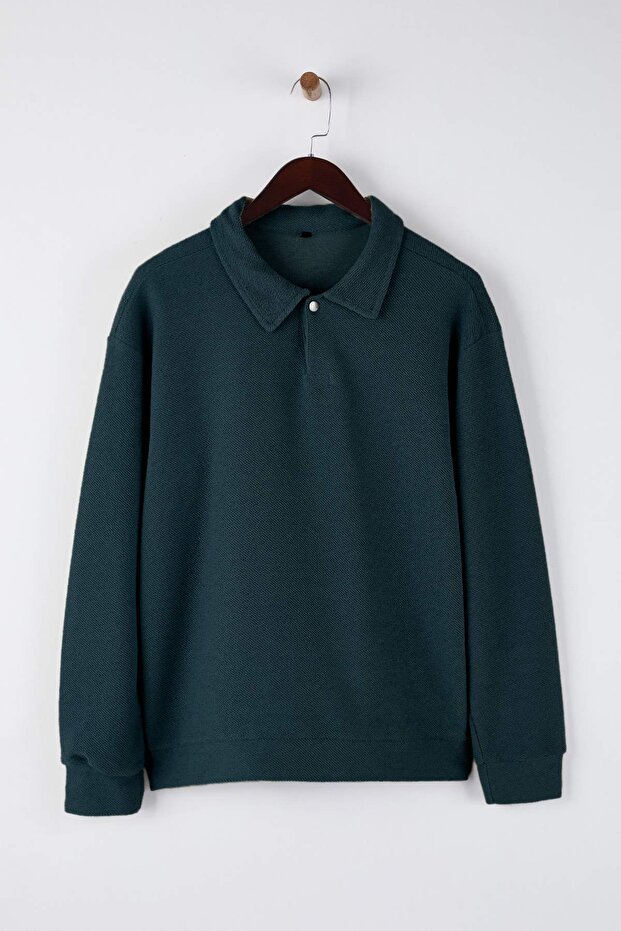 Petrol Yeşili Yeni Oversize/Geniş Kesim Polo Yaka Kalın Çıtçıtlı Sweatshirt TMNAW26SW00051 - 5
