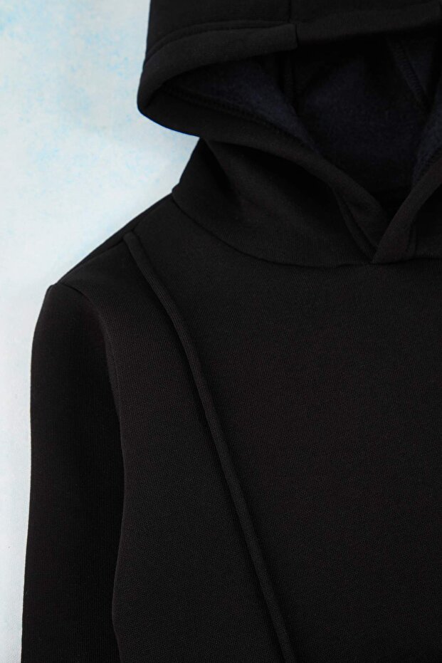 Siyah Pamuklu Şardonlu Kapüşonlu Örme Erkek Çocuk Sweatshirt ve Eşofman Alt-Üst Takım TKDAW25AU00058 - 4