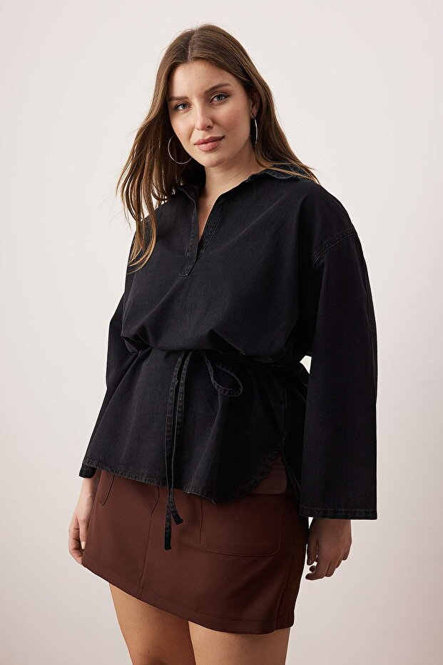 Antrasit Oversize/Bol Kesim Bağlamalı Büyük Beden Denim Gömlek TBBAW26AX00003 - 2