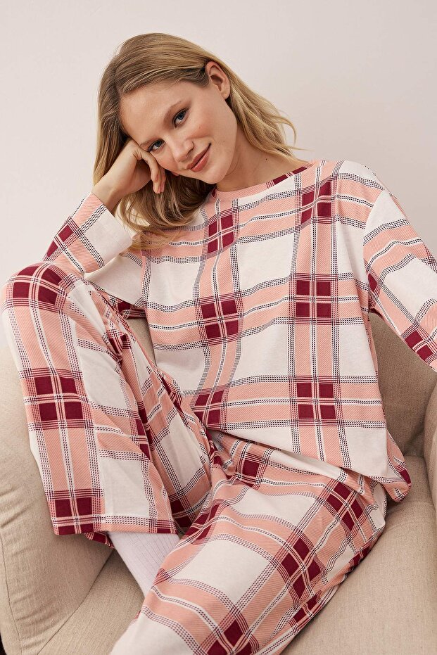 Gül Kurusu %100 Pamuklu Ekoseli Örme Pijama Takımı THMAW26PT00046 - 1