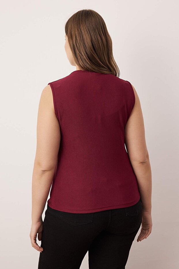 Bordo Aksesuar Düğmeli Bisiklet Yaka Regular Boy Yelek Örme Bluz TBBSS25AF00121 - 4