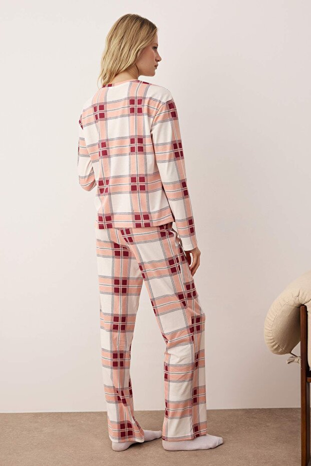 Gül Kurusu %100 Pamuklu Ekoseli Örme Pijama Takımı THMAW26PT00046 - 4
