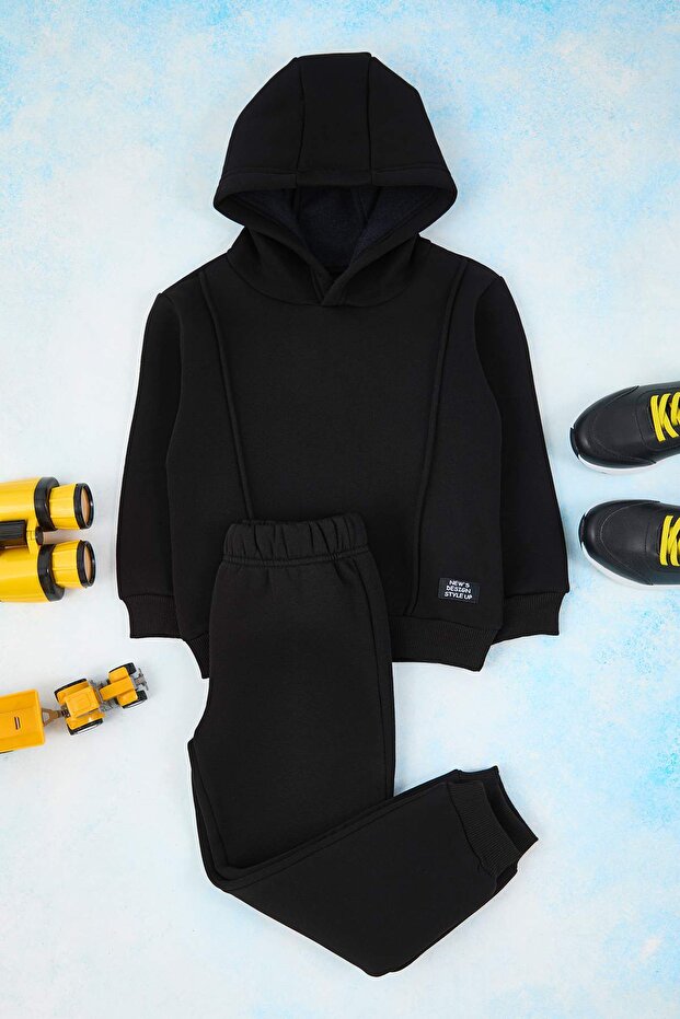 Siyah Pamuklu Şardonlu Kapüşonlu Örme Erkek Çocuk Sweatshirt ve Eşofman Alt-Üst Takım TKDAW25AU00058 - 2