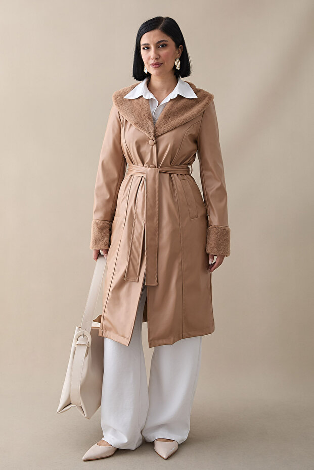 Camel Leather Trench Coat with Fur Detail