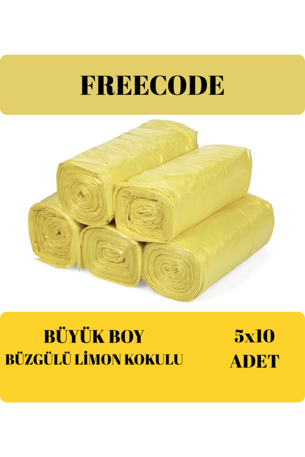 Büzgülü Büyük Boy Çöp Torbası Limon Kokulu 10'lu 5 Rulo 65x70 Çöp Poşeti - 1