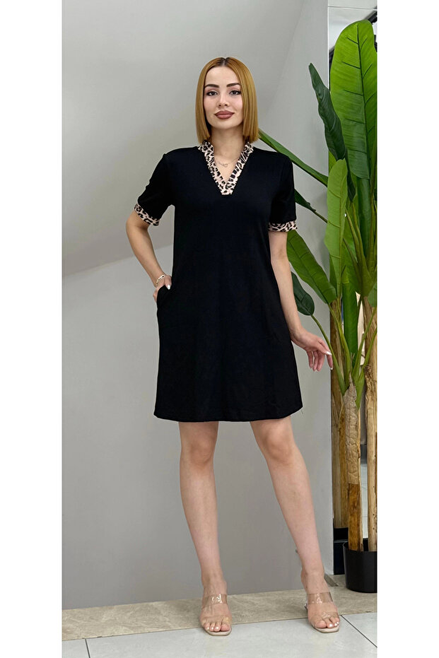 Mdb Women's Short Sleeve V-Neck Eopar Pattern Detailed Room Dress