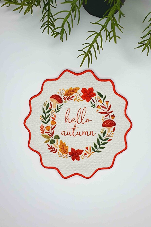 Hello Autumn Sonbahar Çiçek ve Slogan Tasarımlı Nakış Kenar Kokteyl Peçetesi 1 Adet - 1