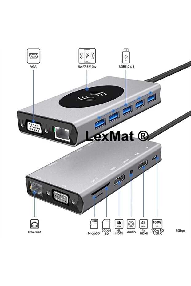 14 in 1 Docking Station with wireless charging, 14 in 1 Hub, Docking station, 4K display - 4