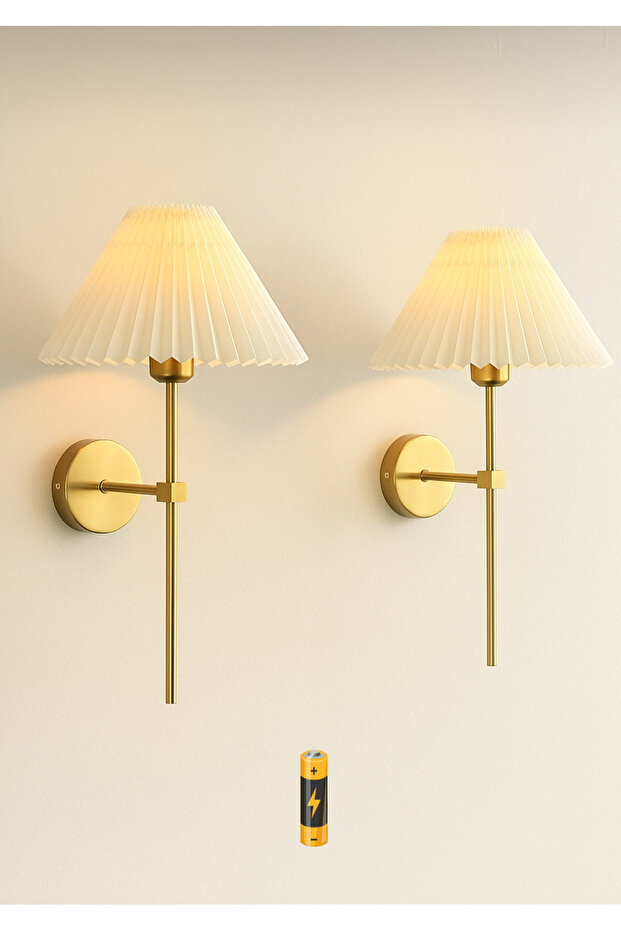 Pilli Aplik Kablosuz Tak Çalıştır Krem Abajur Umbrella Aplik Eskitme Gold Sarı 1 Adet - 1