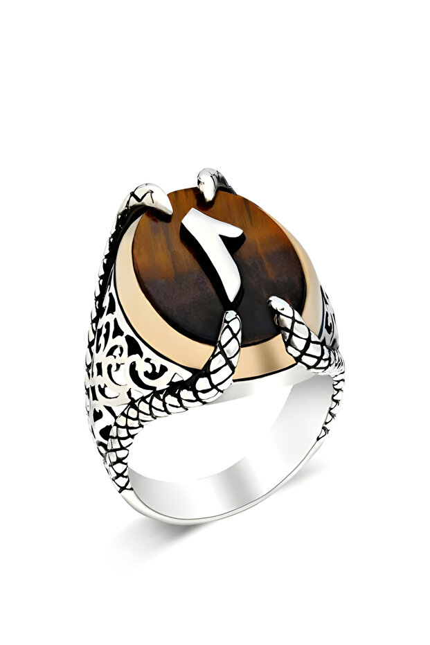 Pençe Model Kaplangözü Taşı Üzerine Elif Gümüş Yüzük - 4