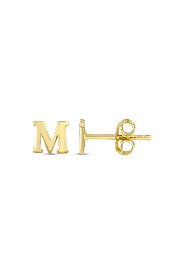M Harfli Tek Altın Küpe - 14K - 1