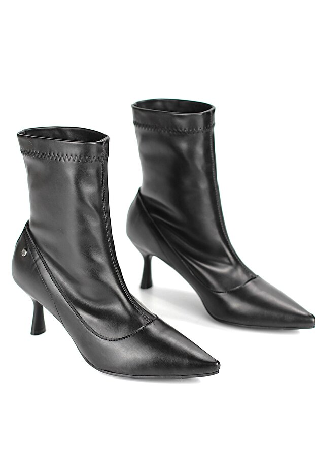 Sylvie Siyah Cilt Esnek Yumuşak Kaymaz Taban (6cm) Streç Bot - 6