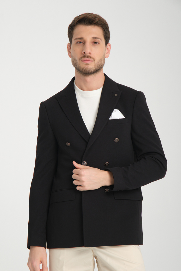 Baselna Krv Men's Black Double Breasted 6 Pieces Metal Button 4 Seasons Blazer Jacket