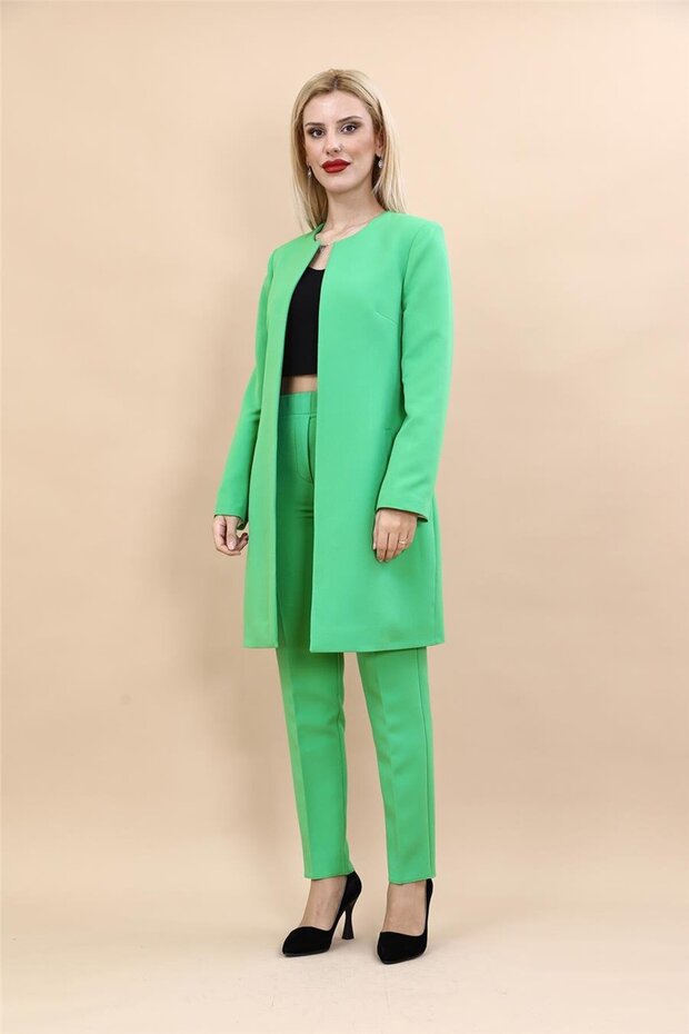 Zero Collar Plain Long Jacket & Skinny Leg Trousers - Emerald - 1005510