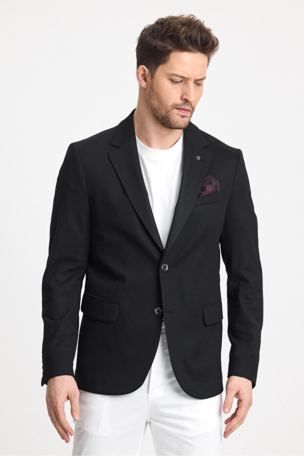 Marcio Men's Black Cotton Blended Stretching Fabric Mono Collar Slim Fit Sports Blazer Jacket