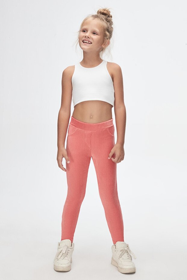Salmon Girl's Corduroy Tights with Pockets