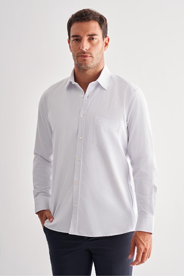 White Hard Collar Long Sleeve Pocket Comfort Fit Classic Shirt 1004255164