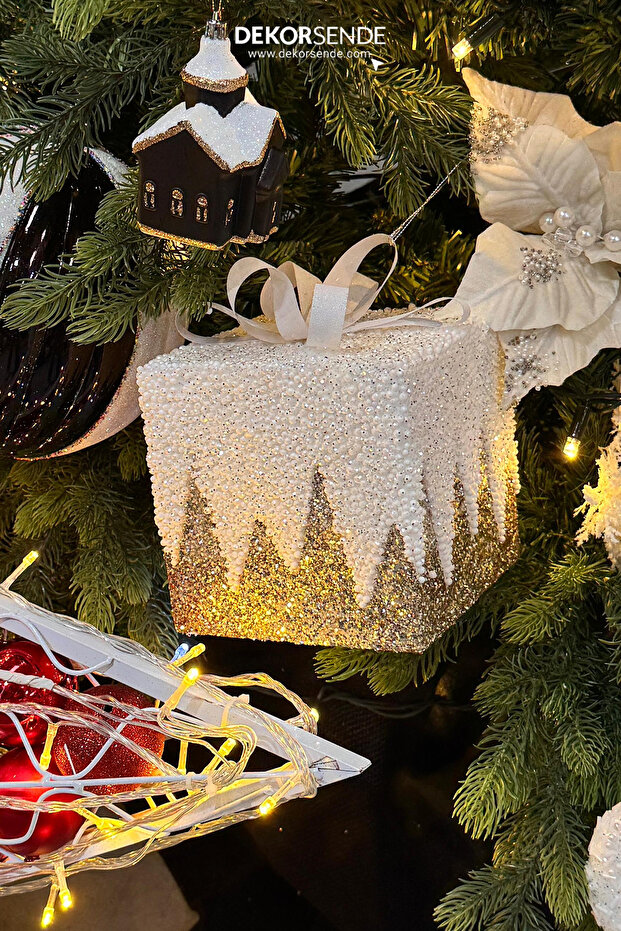Christmas Ornament Glitter Zigzag Gift Box Gold 15 cm