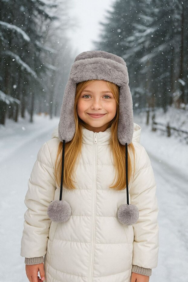 Gray Plush Fur Girl's Beanie Hat with Earmuffs and Pompom