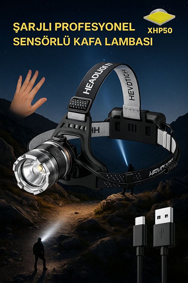 Sensörlü Zoomlu Profesyonel 3000 Lümen Xhp50 Led Usb'li Şarjlı Kafa Lambası - 1