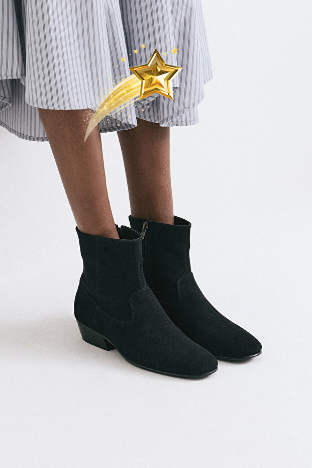 Bot 2512 - Dikiş Detaylı Siyah Süet Kadın Bot - 1