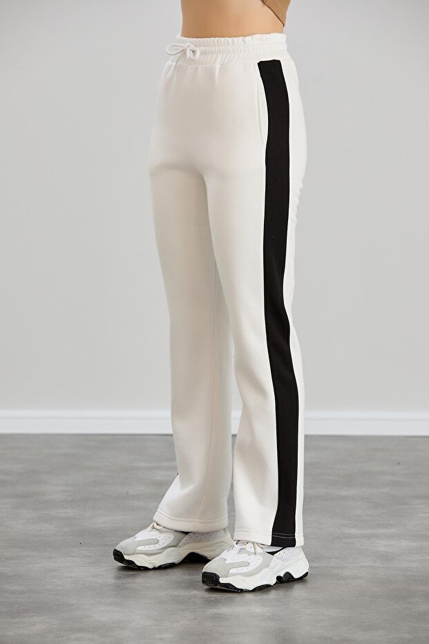 Women's Elastic Waist High Waist Three Thread Ribbed White Sweatpants with Side Panels